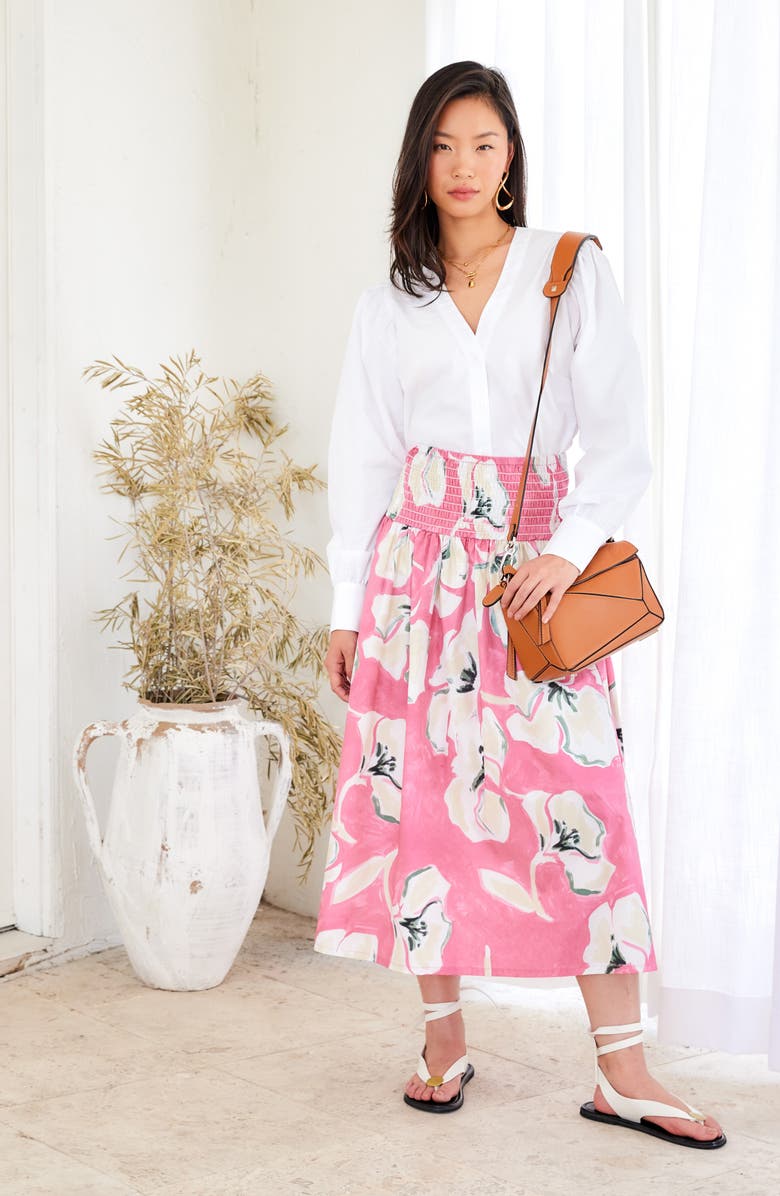 FIFTEEN TWENTY Rhea Floral Cotton Smocked Waist Midi Skirt, Alternate, color, Floral Print