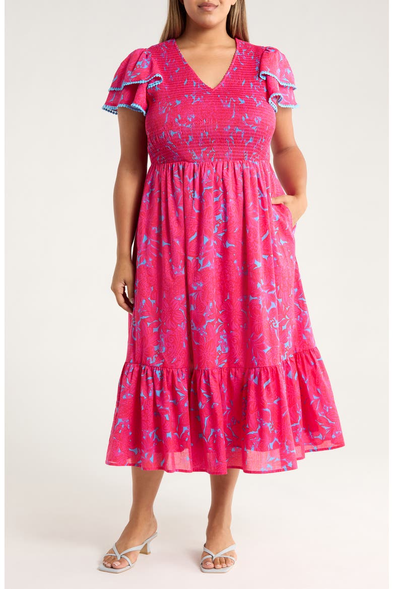 Delina Floral Smock Bodice Cotton Dress, Main, color, PINK/ BLUE