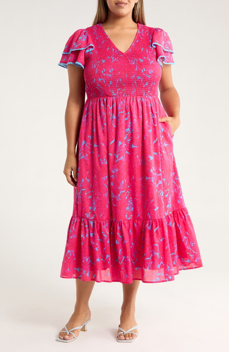 SUGARLIPS Delina Floral Smock Bodice Cotton Dress, Main, color, Pink/ Blue