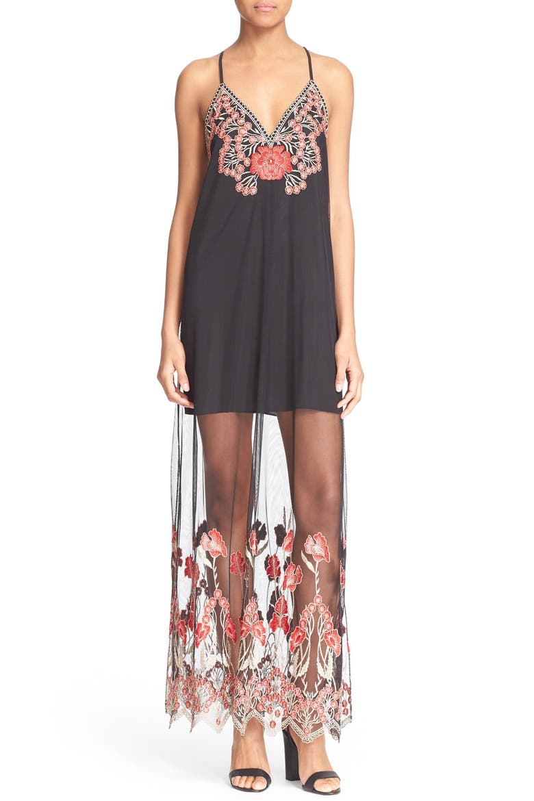 'Sally' Embroidered Illusion Gown, Main, color, BLACK/ POPPY