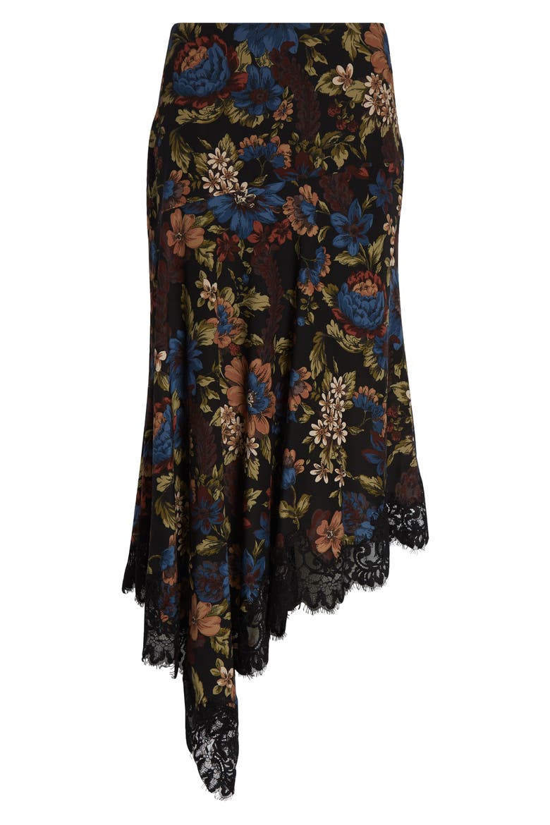 Rosemary Floral Asymmetric Hem Stretch Silk Skirt, Alternate, color, BLACK MULTI