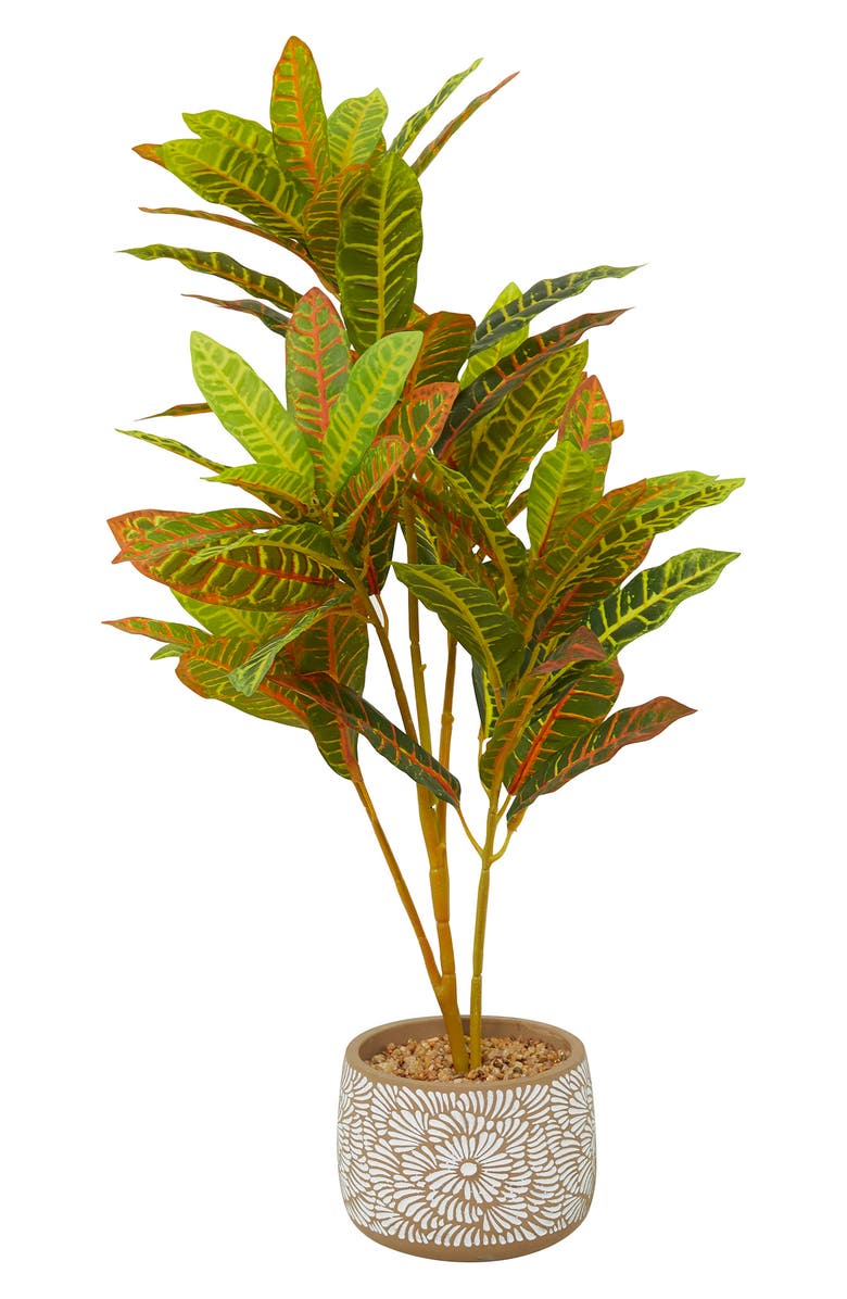 GINGER BIRCH STUDIO Green Faux Foliage Crotons Artificial Plant with Floral Patterned Pot, Main, color, White