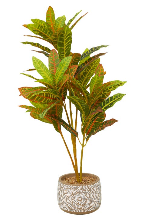 Green Faux Foliage Crotons Artificial Plant with Floral Patterned Pot