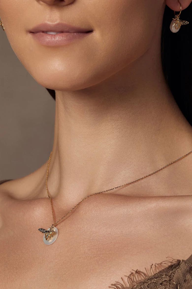 Sterling Silver 18k Gold Plated Bee Pearl Necklace & Earring Set Dainty, Alternate, color, Gold