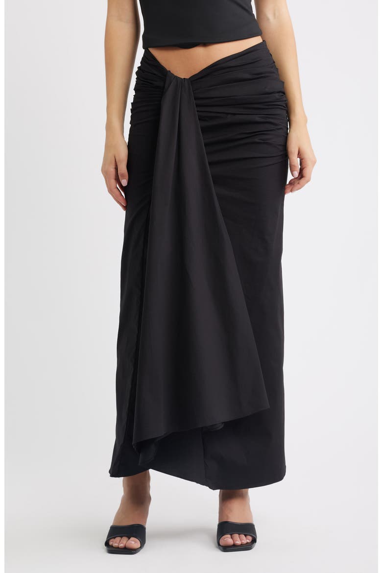 April Ruched Stretch Cotton Evening Midi Skirt, Main, color, BLACK