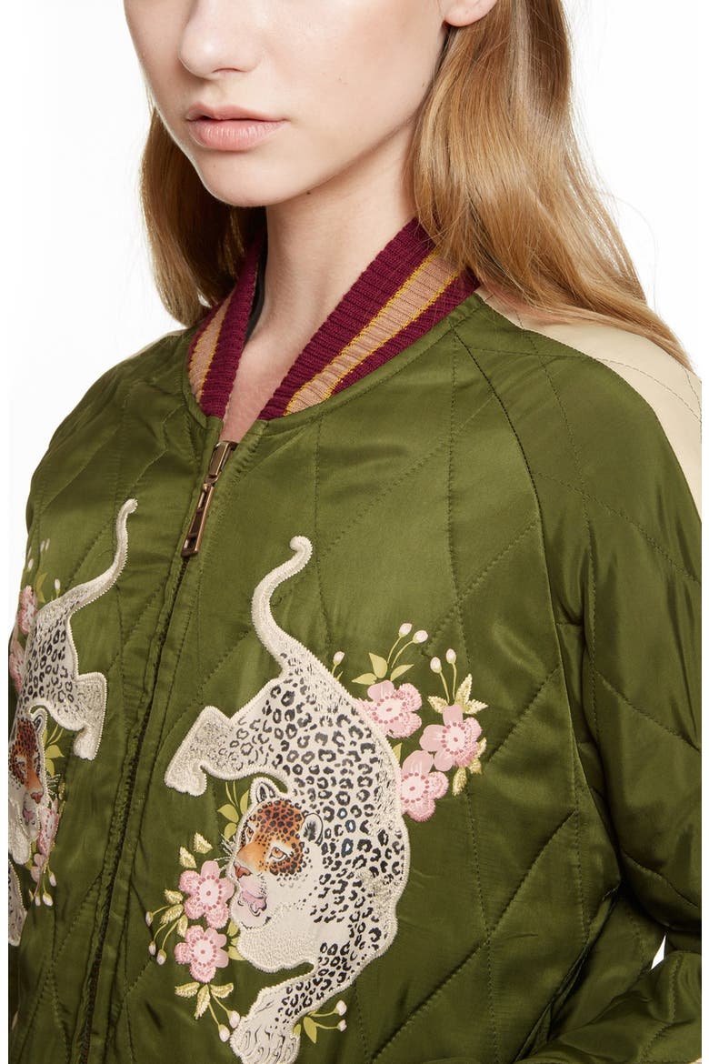 Reversible Embroidered Tech Satin Bomber Jacket, Alternate, color, DEEP GREEN