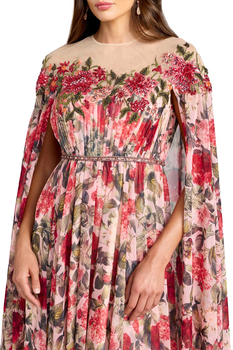 Floral Printed Chiffon High Neck Cape Gown, Alternate, color, Rose Multi