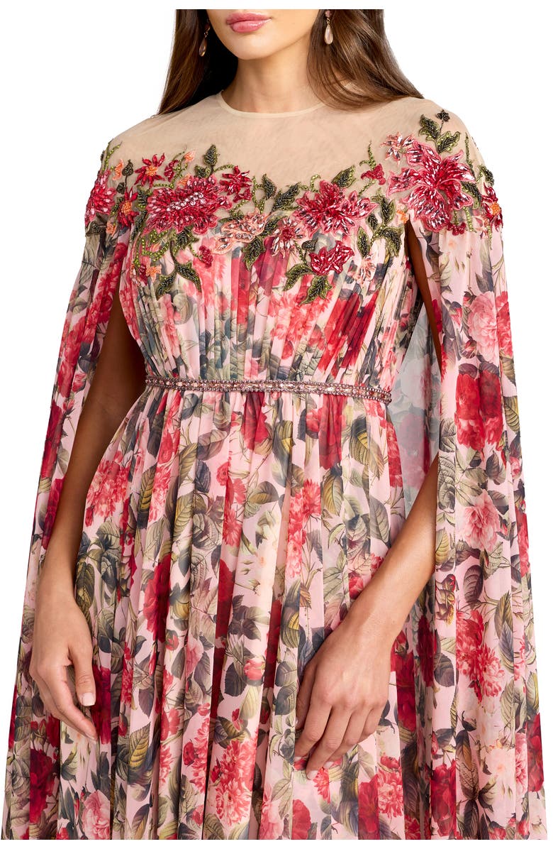 Mac Duggal Floral Printed Chiffon High Neck Cape Gown, Alternate, color, Rose Multi