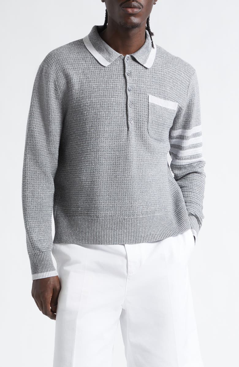 Thom Browne Relaxed 4-Bar Textured Stitch Linen & Cotton Polo Sweater, Main, color, Light Grey