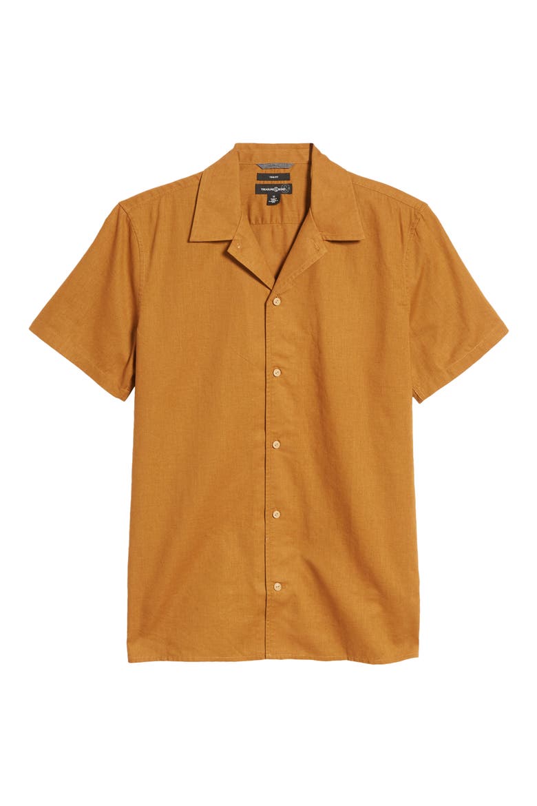 Short Sleeve Linen & Cotton Button-Up Camp Shirt, Alternate, color, BROWN RUBBER