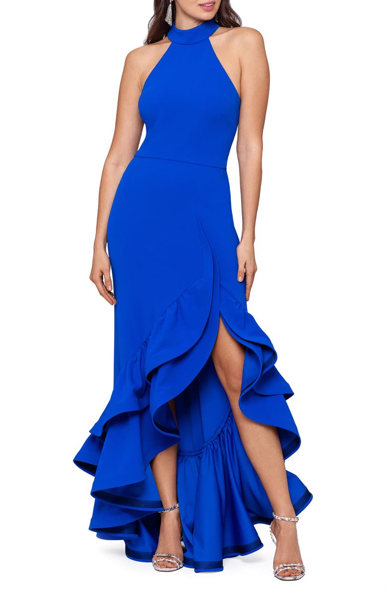 Betsy & Adam Halter Neck Ruffle Scuba Crepe Gown, Main, color,