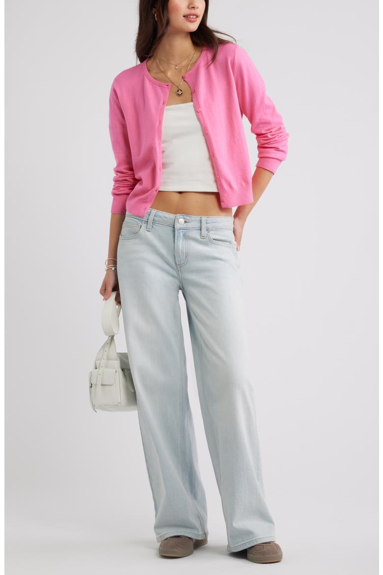 Crewneck Cotton Blend Cardigan, Alternate, color, PINK AZALEA