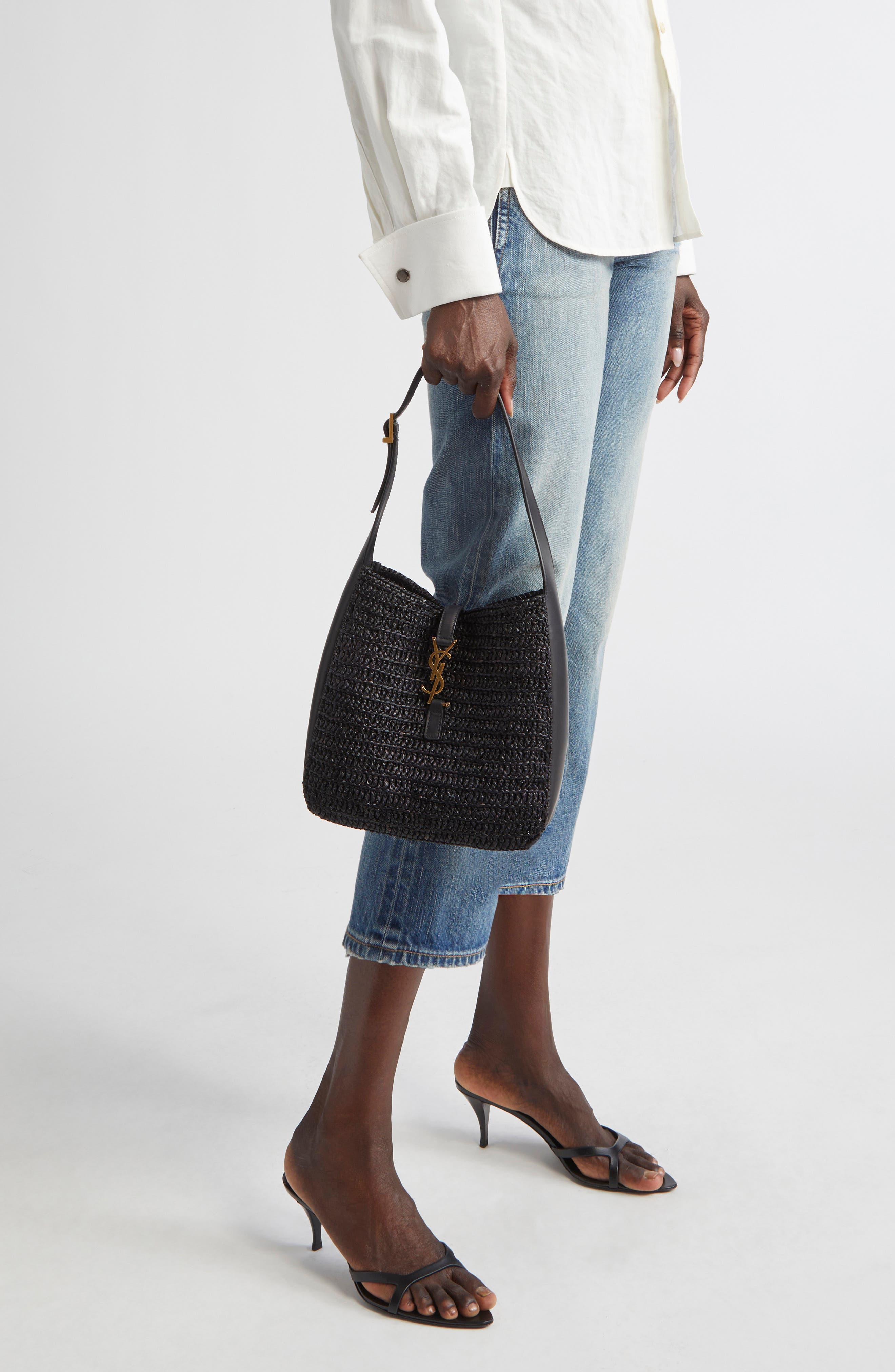 Saint Laurent Small Le 5 À 7 Woven Raffia Hobo Bag, Alternate, color, 