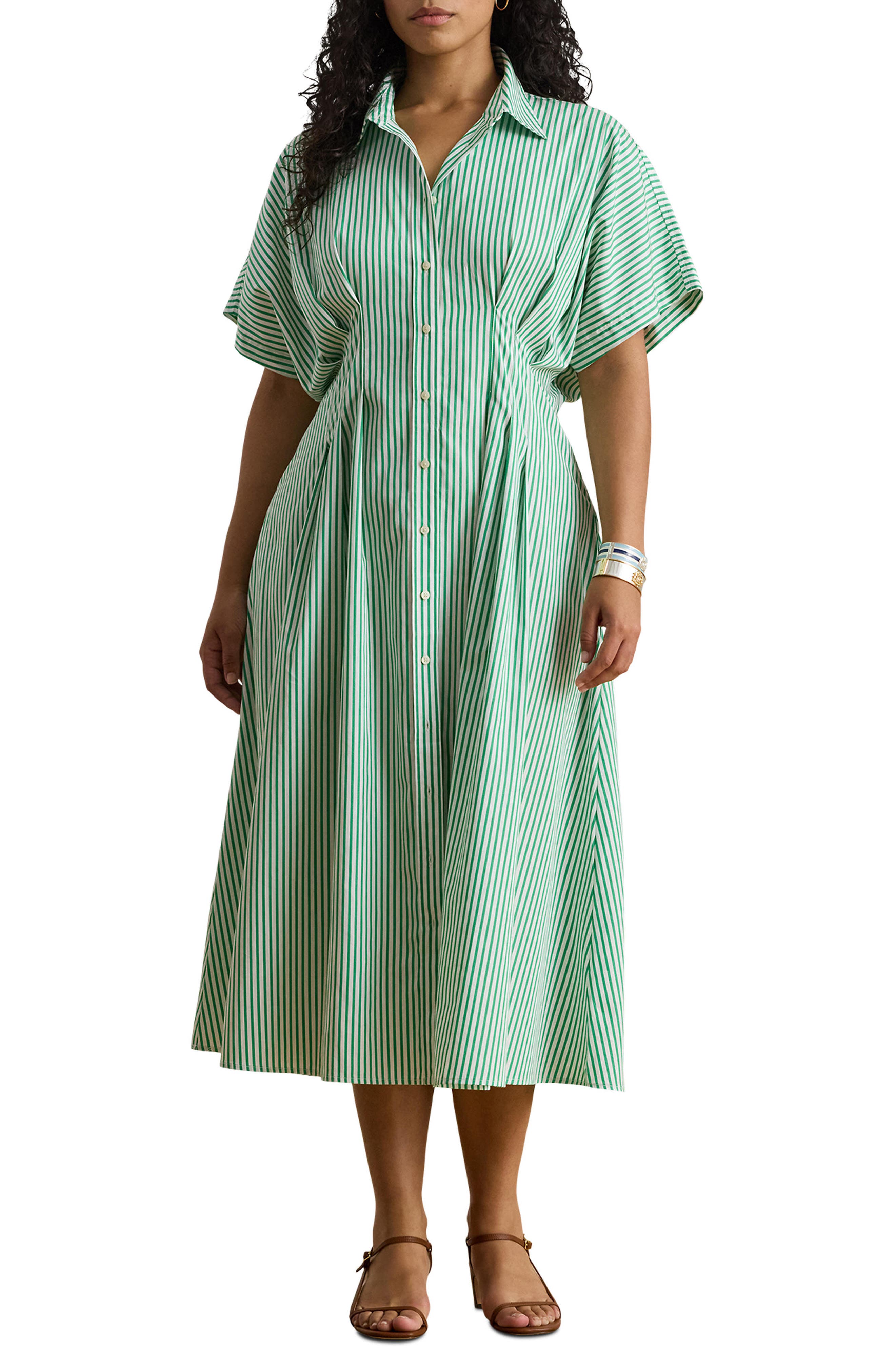 Lauren Ralph Lauren Stripe Gathered Waist Cotton Shirtdress