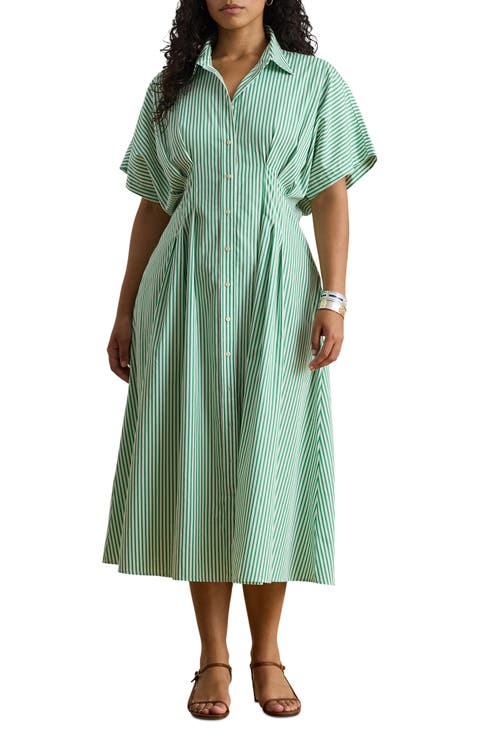 Stripe Gathered Waist Cotton Shirtdress (Plus)