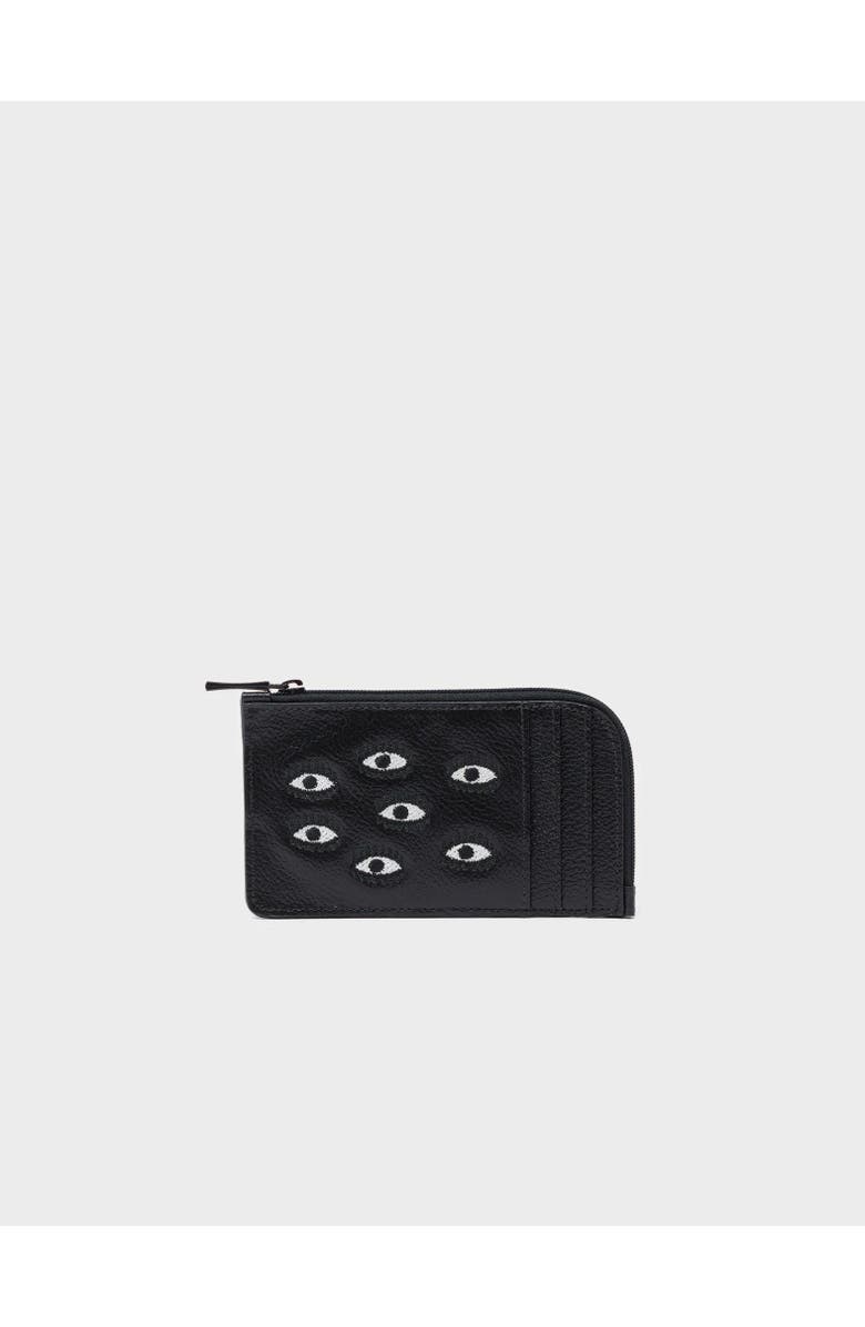 MIN & MON Fausto Leather Zip-around Cardholder - All Over Eyes Embroidery, Main, color, Black