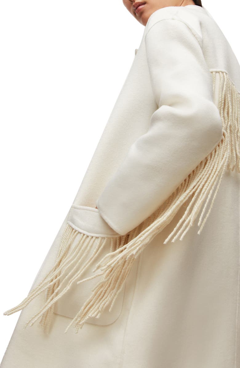 AllSaints Freya Fringed Double Breasted Wool Blend Coat, Alternate, color,
