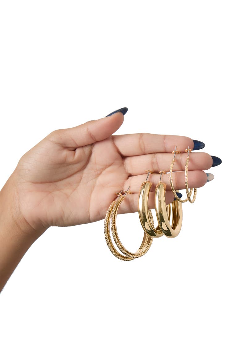 3-Piece Textured Gold-Tone Hoop Earring Set, Alternate, color, Gold