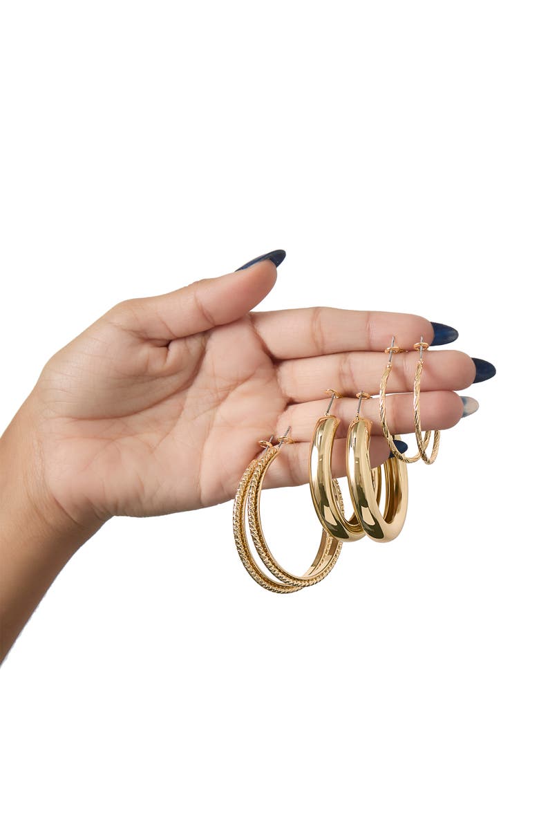 Jessica Simpson 3-Piece Textured Gold-Tone Hoop Earring Set, Alternate, color, Gold