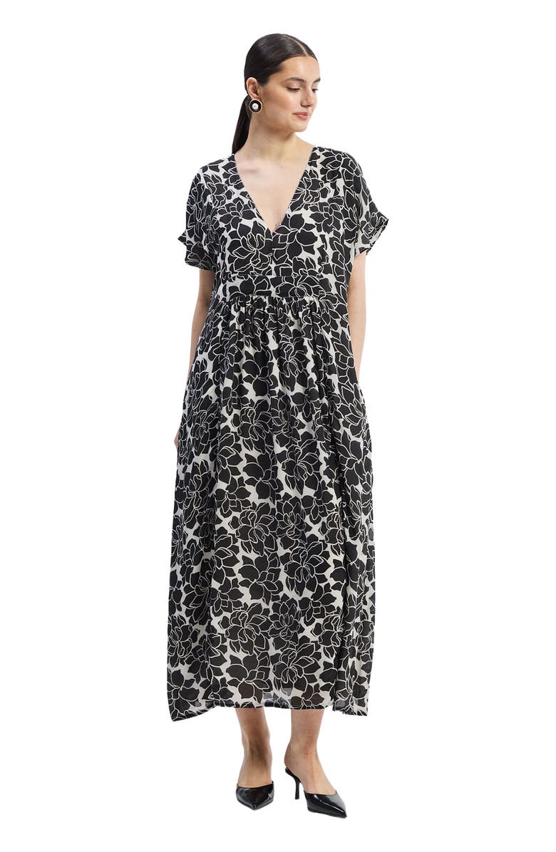 Reistor Deep V-neck Maxi Dress with Front Gathers in Black Florals, Alternate, color, Midnight Bloom