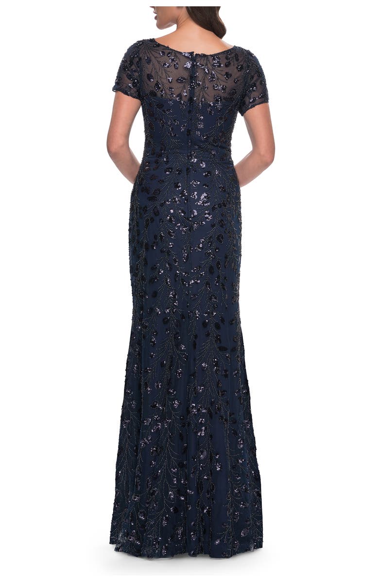 La Femme Beaded Sequin Chic Evening Dress with Illusion Top and Short Sleeves, Alternate, color, Navy