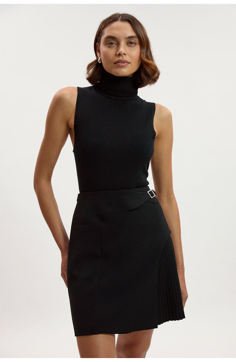 Karen Millen Buckle Pleated Mini Skirt, Alternate, color, Black