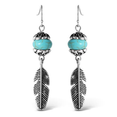 Turquoise Bead Feather Drop Earrings
