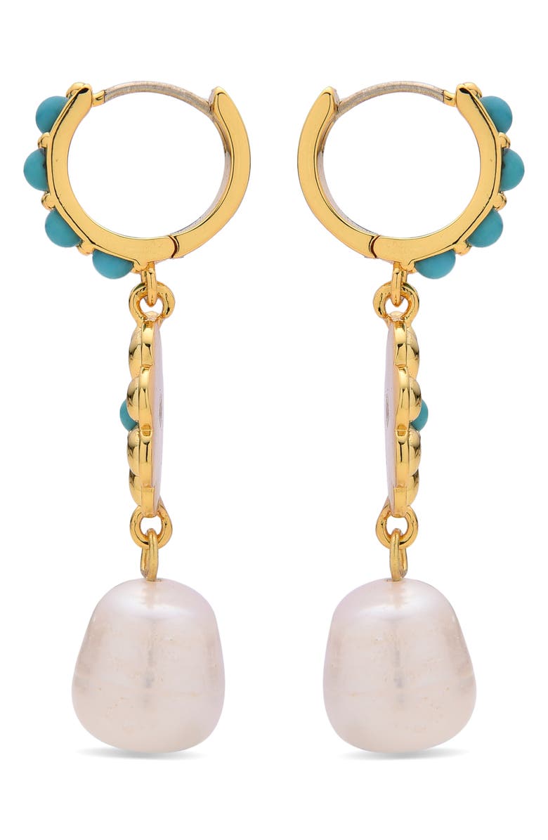 EYE CANDY LOS ANGELES Myla Crystal & Imitation Pearl Drop Huggie Hoop Earrings, Alternate, color, Gold