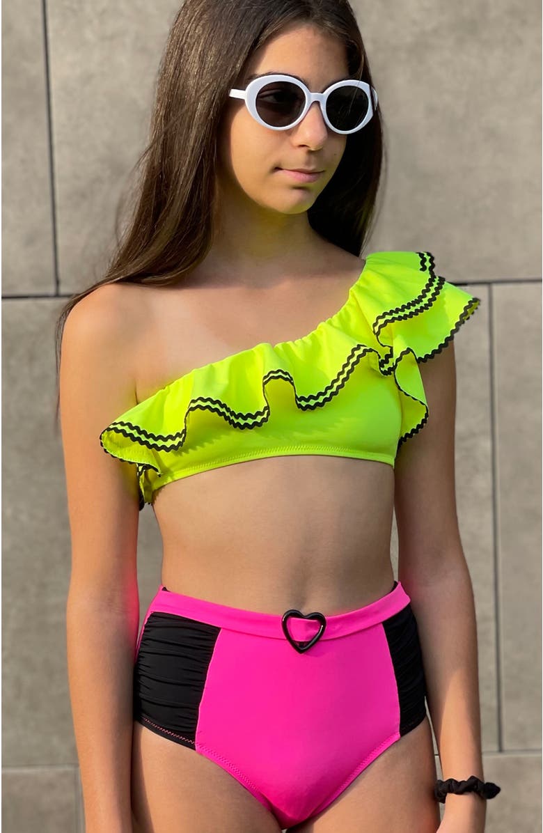 NESSI BYRD Kids' One Shoulder Ric-Ram Trim Two Piece Bikini, Alternate, color, Green-Pink
