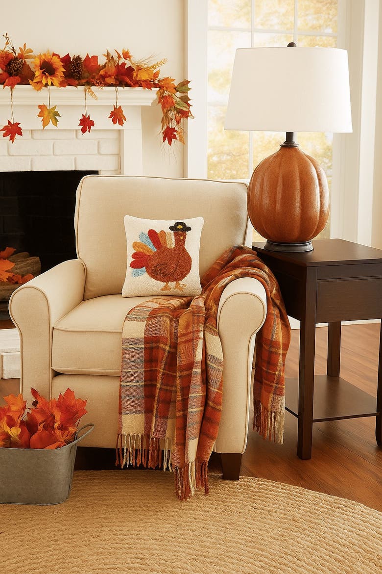 Colorful Turkey Tail Pilgrim Hat Hooked Mini Thanksgiving Accent Pillow 10" x 10", Alternate, color, Brown