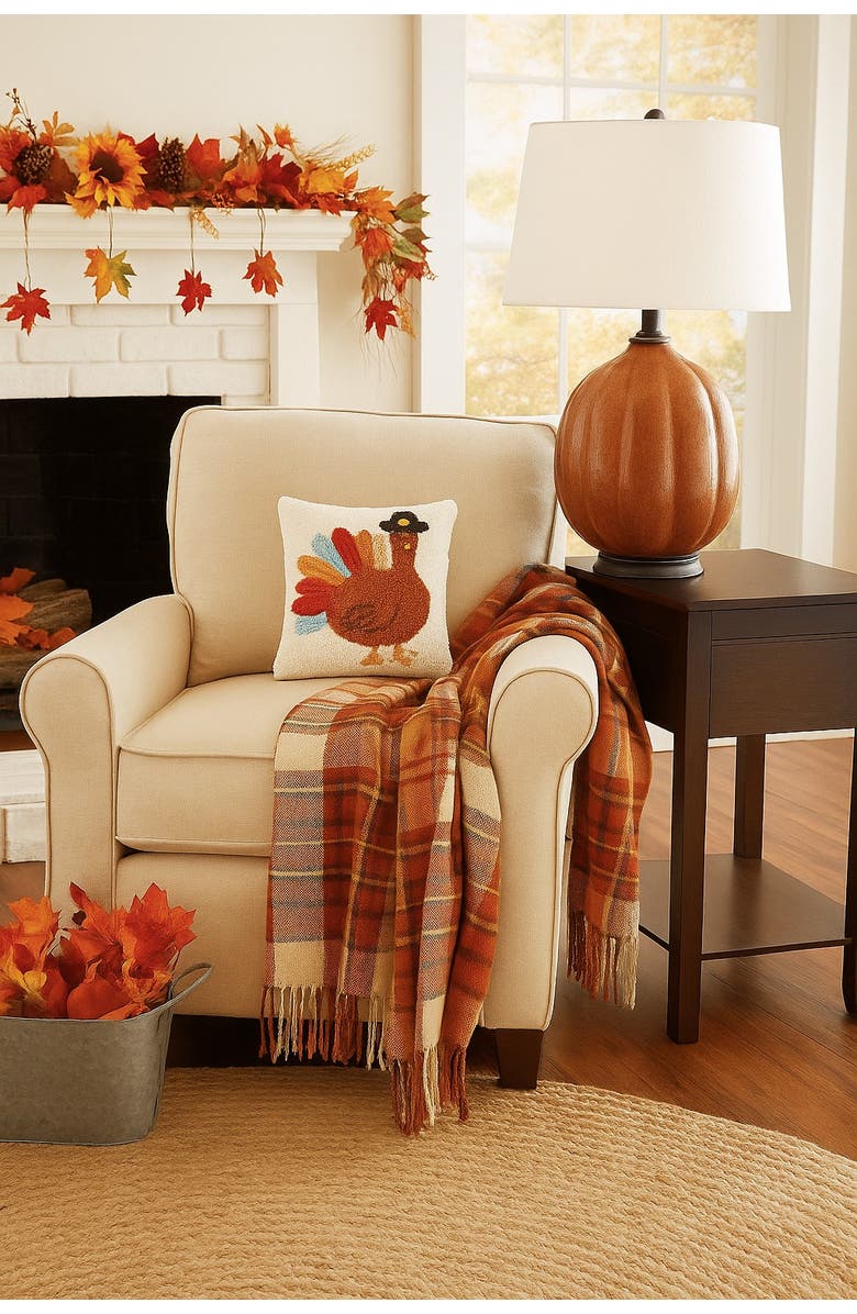 C&F Home Colorful Turkey Tail Pilgrim Hat Hooked Mini Thanksgiving Accent Pillow 10" x 10", Alternate, color, 