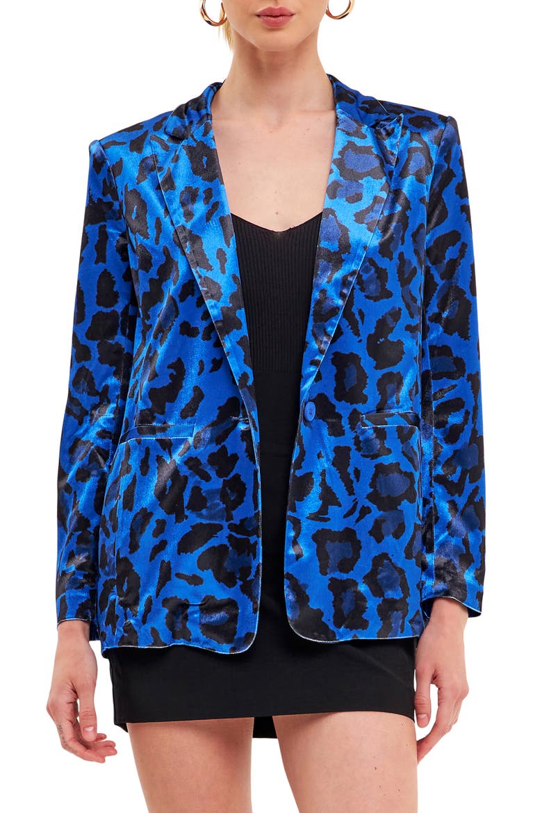 Animal Print Velvet Blazer, Main, color, COBALT BLUE