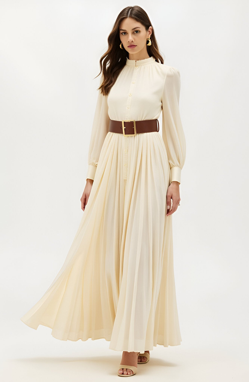 Modenaire Pleated Long Sleeve Maxi Dress With Ruffle Neck And Button Front In Neutral
