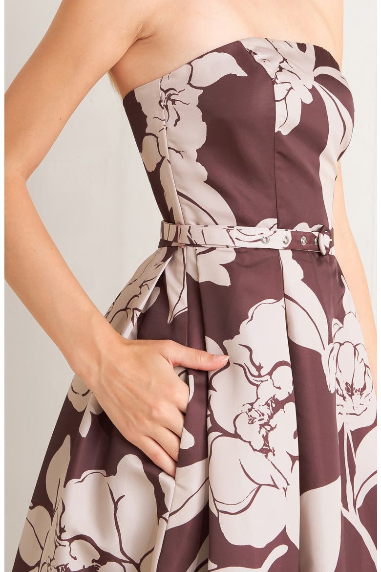 Print Strapless Midi Dress, Alternate, color, BURGUNDY
