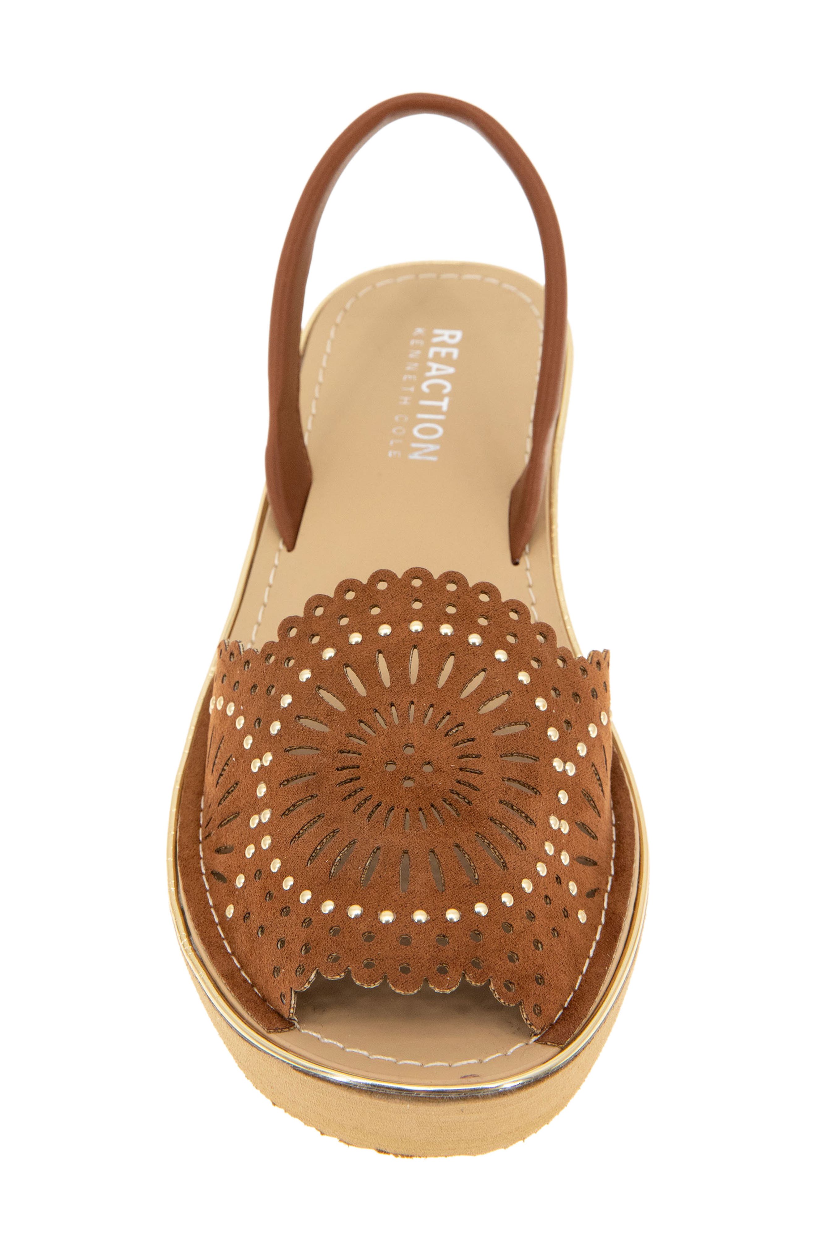 Kenneth Cole Reaction Fine Glass Foil Laser Wedge Sandal, Alternate, color, Luggage Micro