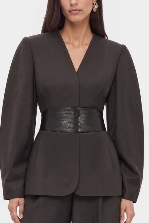Croc Effect Belted Collarless Jacket