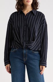 Caslon® Stripe Twist Front Textured Button-Up Top