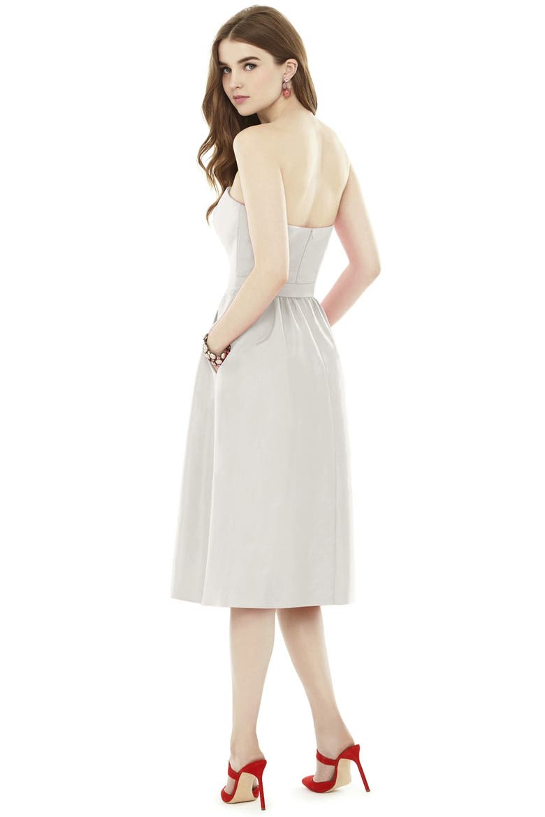 Strapless Peau de Soie Midi Dress with Bow Belt, Alternate, color, SNOW WHITE