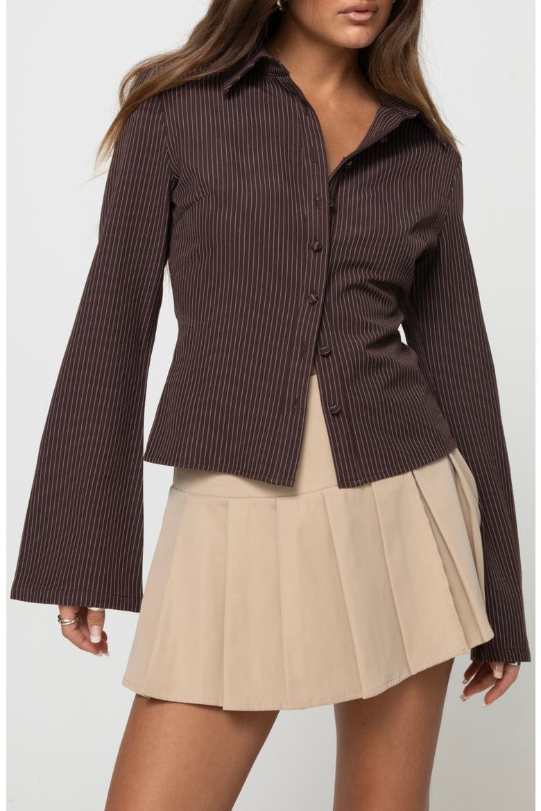Anni Pinstripe Button-Up Shirt, Main, color, BROWN