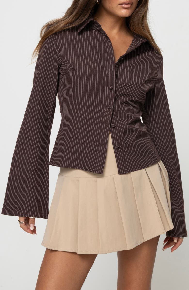 Princess Polly Anni Pinstripe Button-Up Shirt, Main, color, Brown