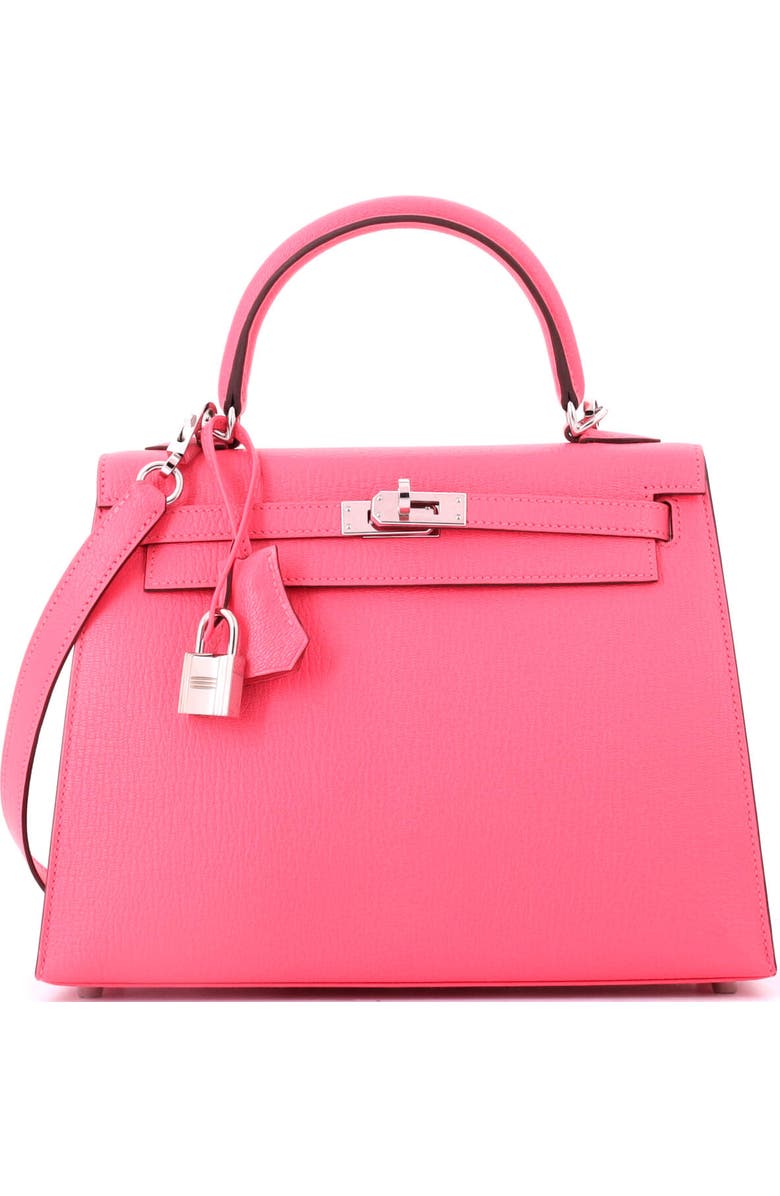 Pre-Owned Hermes Kelly Handbag Pink Chevre Mysore with Palladium Hardware 25, Main, color, Rose Azalee