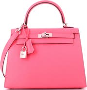 Pre-Owned Hermes Kelly Handbag Pink Chevre Mysore with Palladium Hardware 25