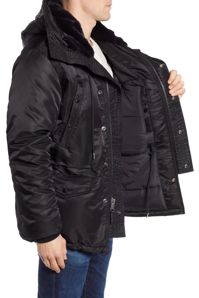 Satin Flight Parka with Removable Faux Fur Lining, Alternate, color, BLACK