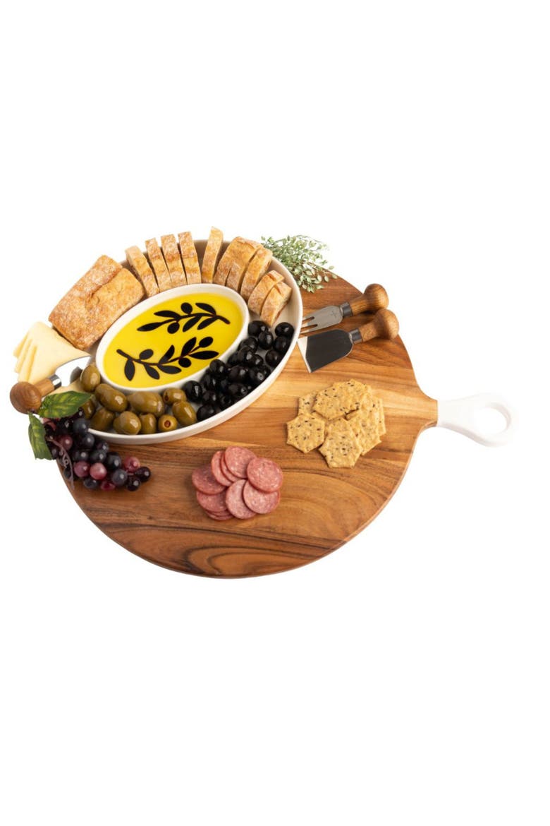 Wood + White Collection Acacia Wood Round Charcuterie Board, Large, Alternate, color, white, brown