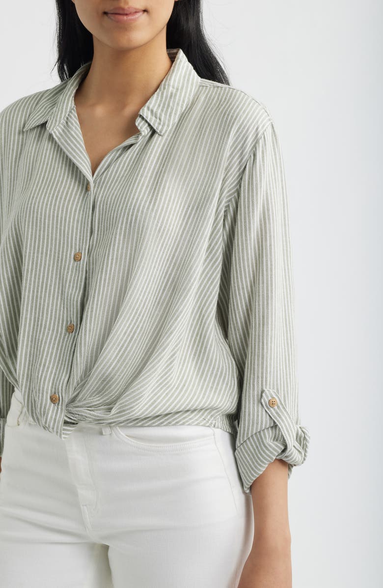 beachlunchlounge Vivica Stripe Twist Hem Button-Up Shirt, Alternate, color, New Moss