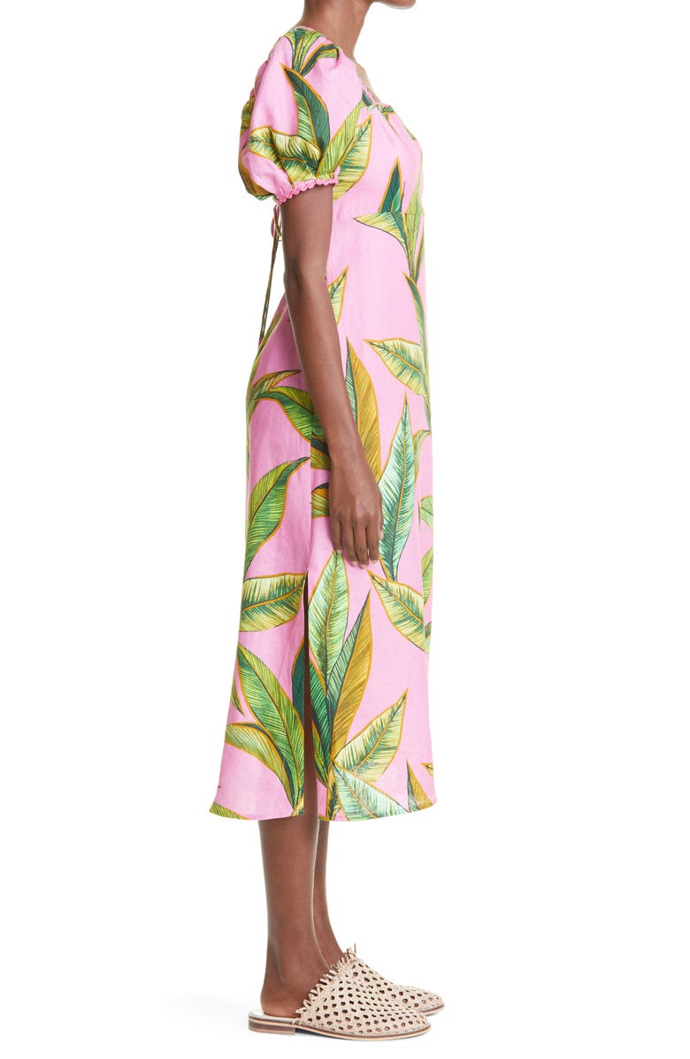 FARM Rio Pink Foliage Cross Back Linen Midi Dress, Alternate, color, 