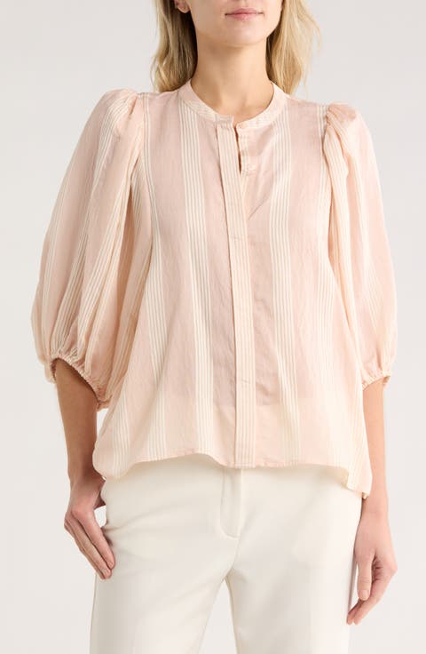Stripe Balloon Sleeve Button-Up Shirt