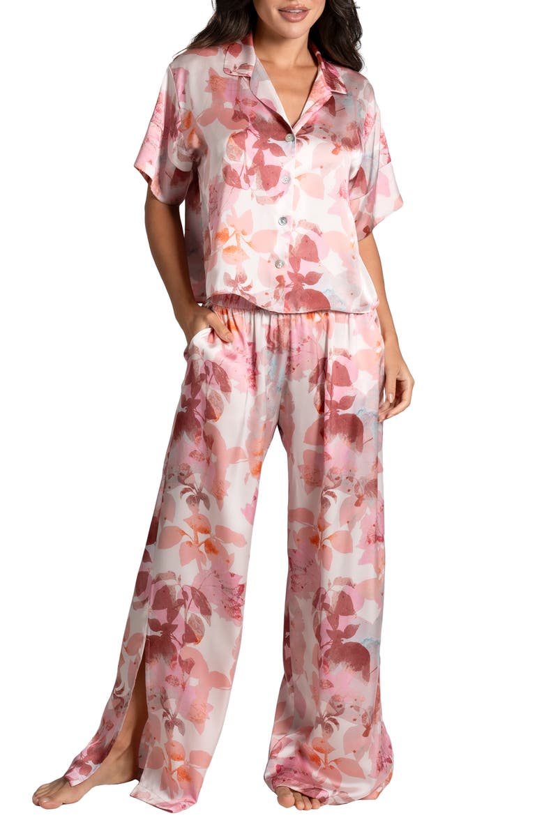 Midnight Bakery Shadow Leaf Print Short Sleeve Satin Pajamas, Main, color, 
