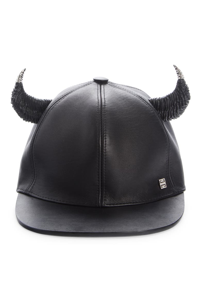 Leather Baseball Cap with Horns, Alternate, color, BLACK