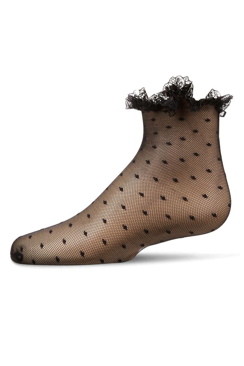Mesh Dot Pattern Lace Trim Ankle Sock, Main, color, Black